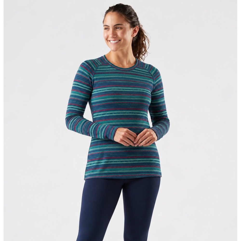 Smartwool Merino 250 Base Layer Pattern Crew Teal Striped Hiking Womens Large